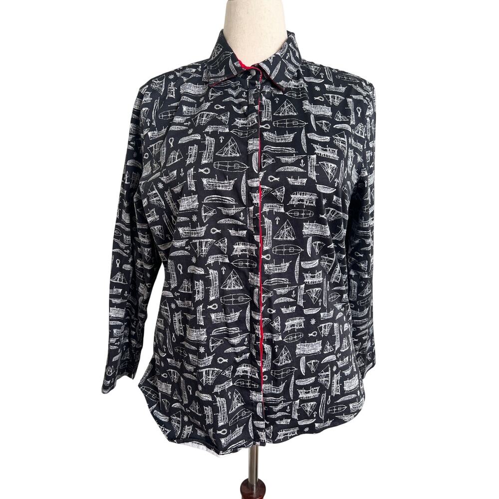 Marisa Christina Long Sleeve Button Up Boat Nautical Print Blouse XL